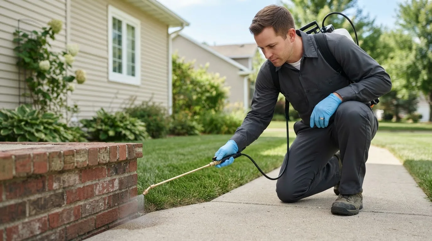 Pest control technician treating a home near Schererville, IN